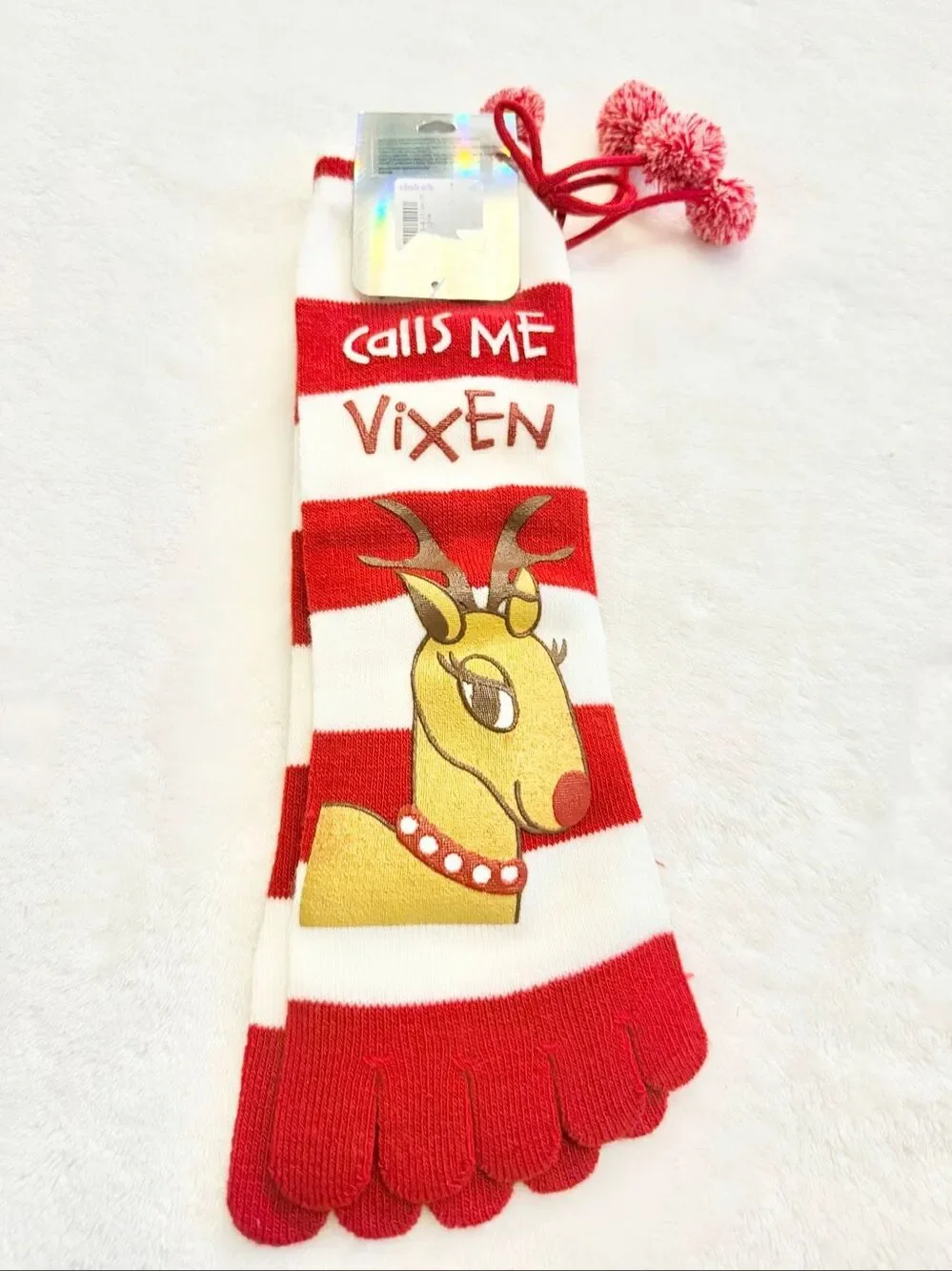 Christmas Reindeer Vixen Toe Socks Red White Striped Pom Pom Holiday Novelty